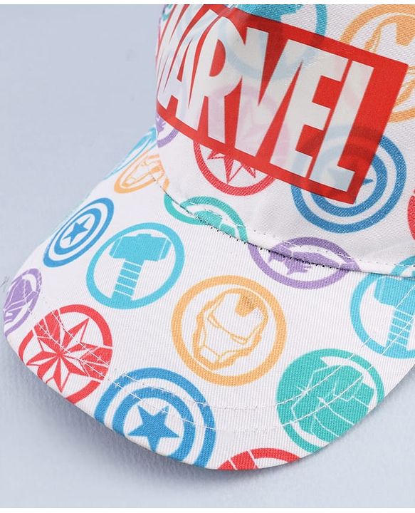 Babyhug Marvel Cotton Woven Summer Cap with Avengers Graphic White - Diameter 17 cm