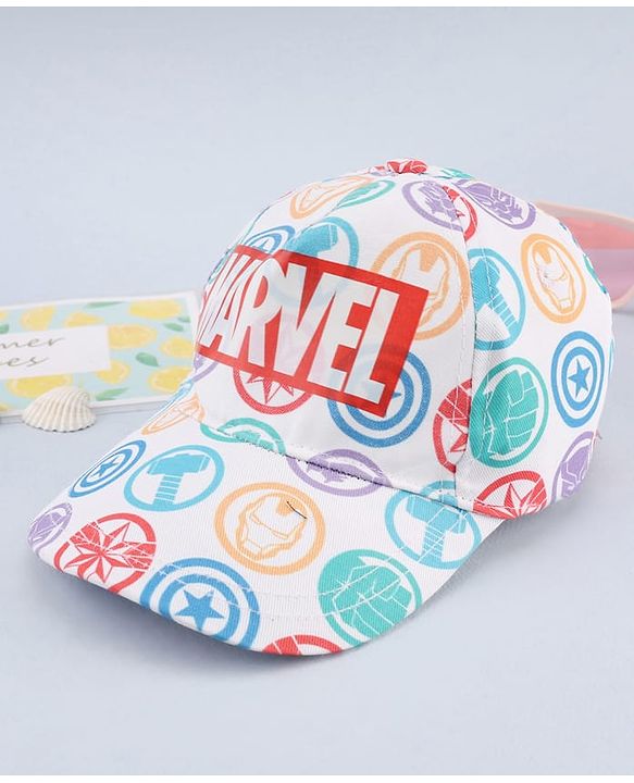 Babyhug Marvel Cotton Woven Summer Cap with Avengers Graphic White - Diameter 17 cm