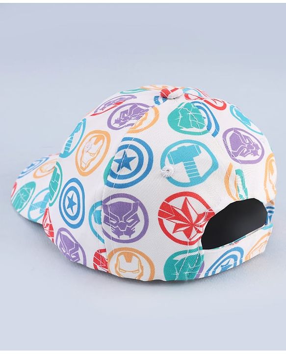 Babyhug Marvel Cotton Woven Summer Cap with Avengers Graphic White - Diameter 17 cm