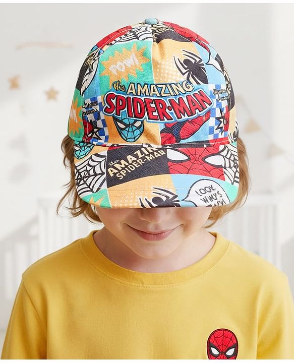 Babyhug Marvel Cotton Woven Summer Cap With Spider-Man Print Multicolor - Diameter 12 cm