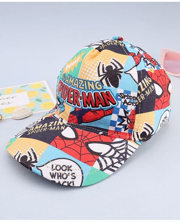 Babyhug Marvel Cotton Woven Summer Cap With Spider-Man Print Multicolor - Diameter 12 cm