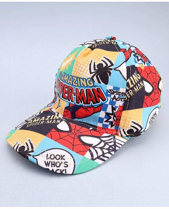 Babyhug Marvel Cotton Woven Summer Cap With Spider-Man Print Multicolor - Diameter 12 cm