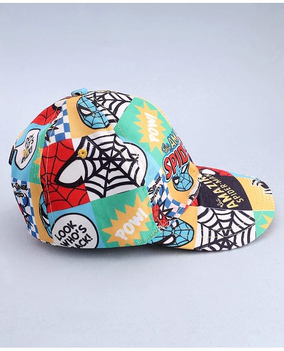 Babyhug Marvel Cotton Woven Summer Cap With Spider-Man Print Multicolor - Diameter 12 cm