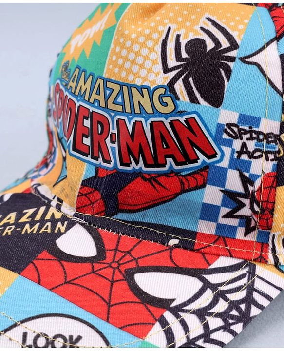 Babyhug Marvel Cotton Woven Summer Cap With Spider-Man Print Multicolor - Diameter 12 cm