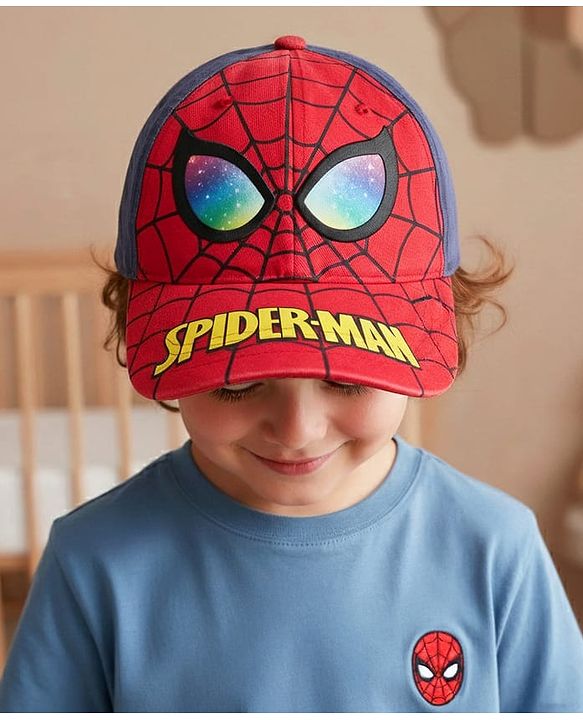 Babyhug Marvel Cotton Woven Summer Cap with Spiderman Graphic Multicolor - Diameter 16 cm