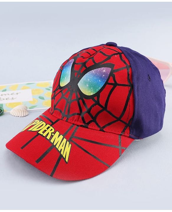 Babyhug Marvel Cotton Woven Summer Cap with Spiderman Graphic Multicolor - Diameter 16 cm
