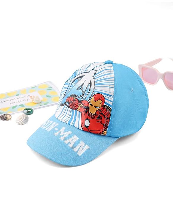 Babyhug Marvel Cotton Woven Summer Cap With Avengers Graphics Light Blue - Diameter 15.5 cm