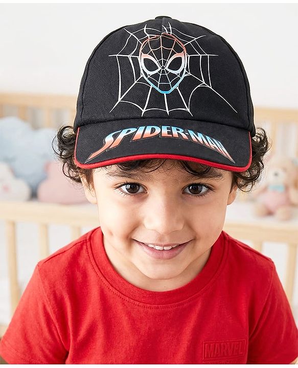 Pine Kids Marvel Cotton Woven Summer Cap with Spider Man Graphic Black - Diameter 17 cm