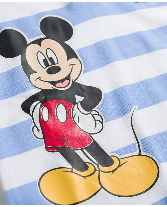 Babyhug Disney 100% Cotton Knit Half Sleeves Romper With Mickey Mouse Graphic & Collar Detailing - Multicolour