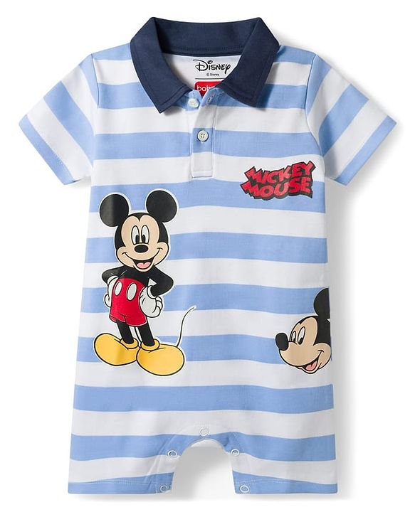 Babyhug Disney 100% Cotton Knit Half Sleeves Romper With Mickey Mouse Graphic & Collar Detailing - Multicolour