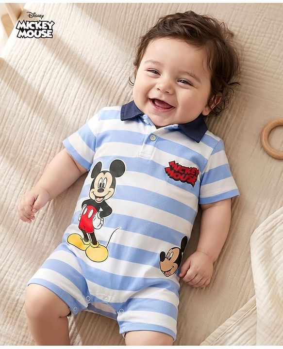 Babyhug Disney 100% Cotton Knit Half Sleeves Romper With Mickey Mouse Graphic & Collar Detailing - Multicolour
