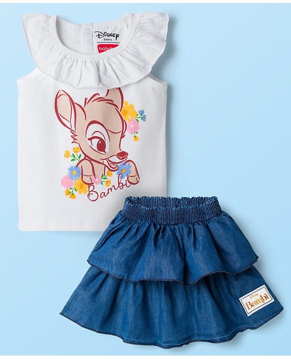 Babyhug Disney Single Jersey Knit Frill Sleeves Top & Skirt Set with Bambi Graphic - Navy Blue & White