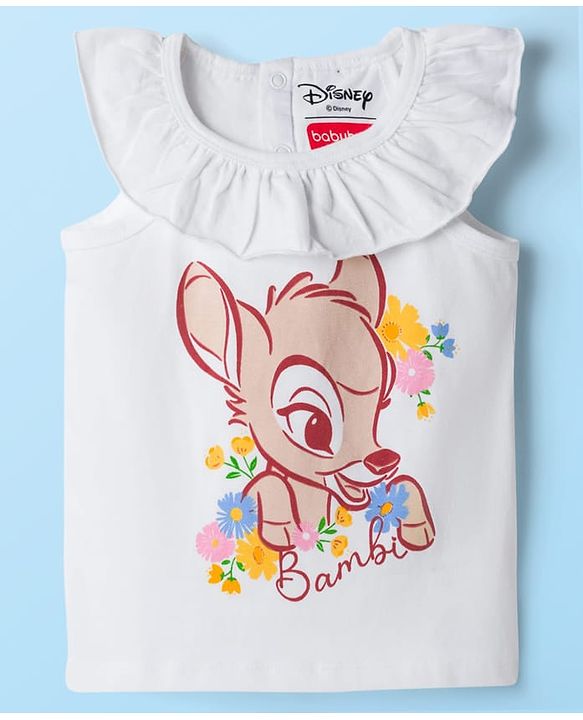 Babyhug Disney Single Jersey Knit Frill Sleeves Top & Skirt Set with Bambi Graphic - Navy Blue & White