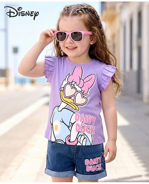 Babyhug Disney Single Jersey Knit Half Sleeves T-Shirt & Shorts Set With Daisy Graphics - Multicolor
