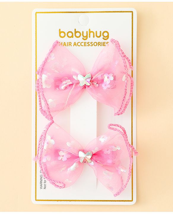 Babyhug Free Size Bow & Butterfly Clips With Butterfly & Floral Design Pack Of 2 - Fuchsia