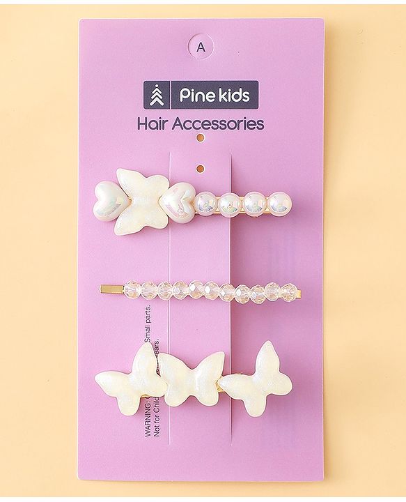 Pine Kids Free Size Hair Pins with  Pearl & Butterfly Applique Pack of 3  - White