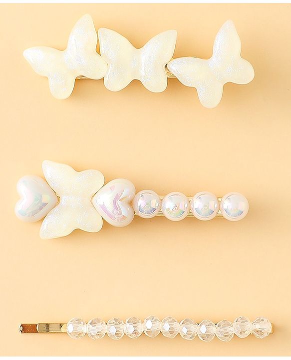 Pine Kids Free Size Hair Pins with  Pearl & Butterfly Applique Pack of 3  - White