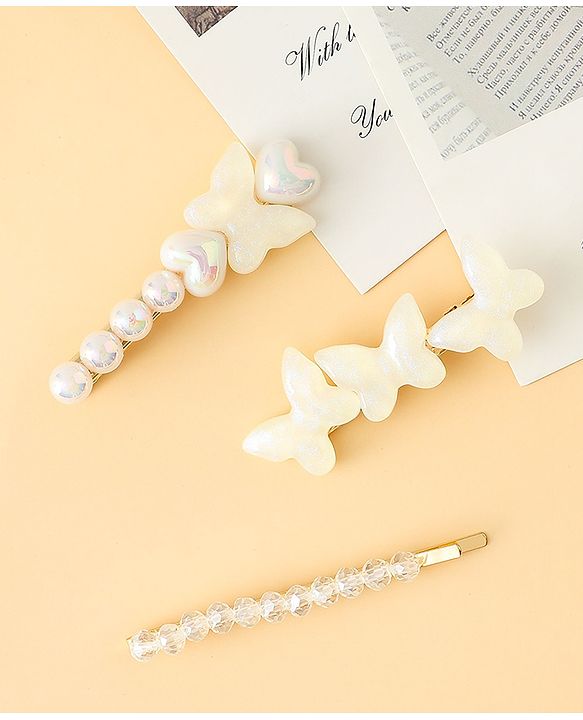 Pine Kids Free Size Hair Pins with  Pearl & Butterfly Applique Pack of 3  - White