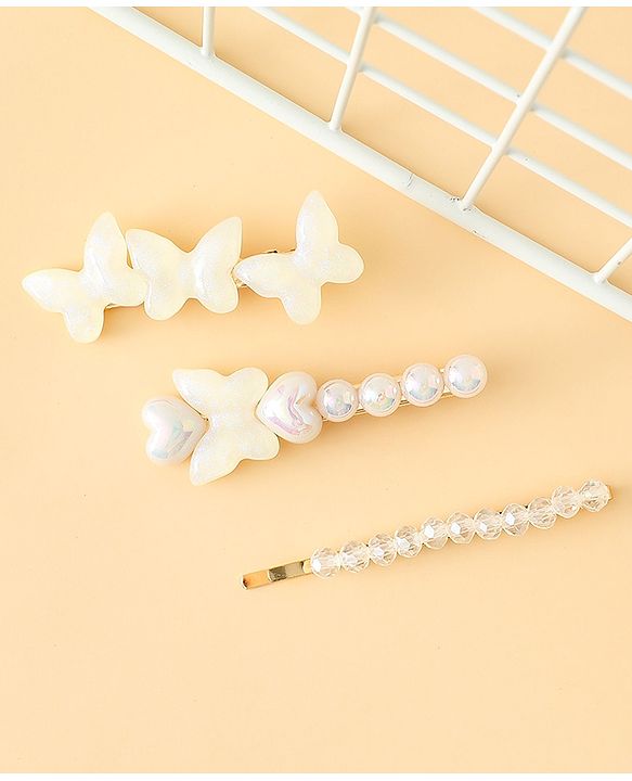 Pine Kids Free Size Hair Pins with  Pearl & Butterfly Applique Pack of 3  - White
