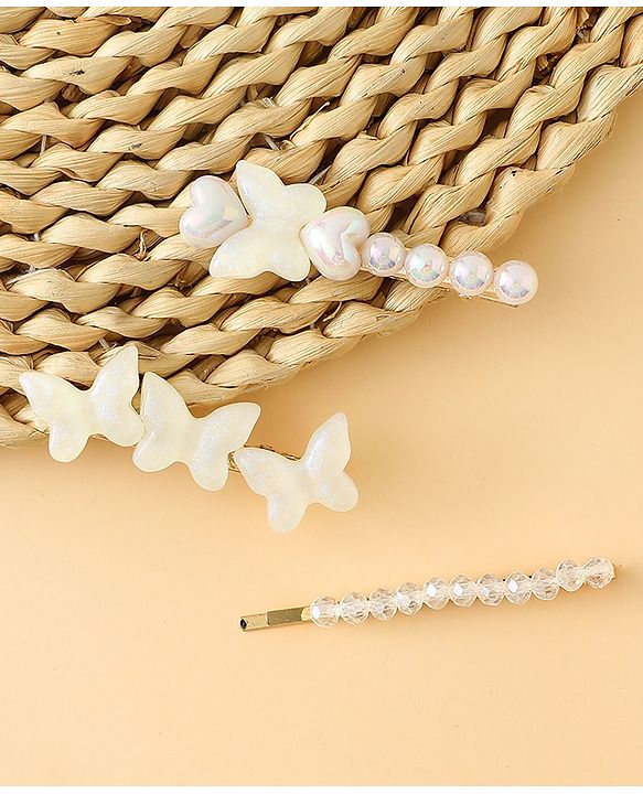 Pine Kids Free Size Hair Pins with  Pearl & Butterfly Applique Pack of 3  - White