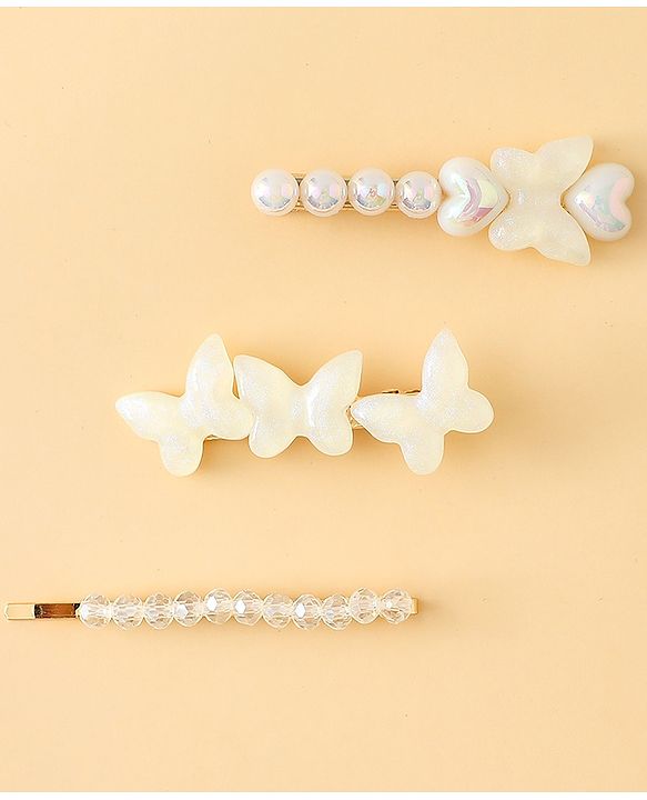 Pine Kids Free Size Hair Pins with  Pearl & Butterfly Applique Pack of 3  - White