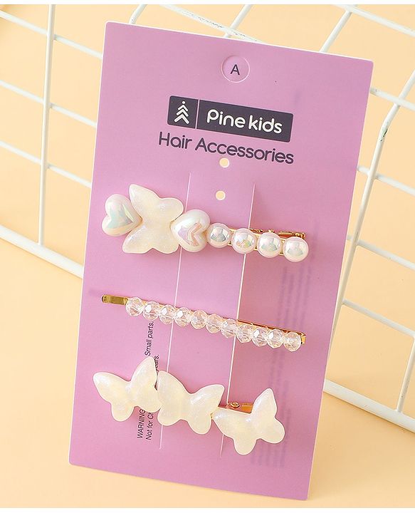 Pine Kids Free Size Hair Pins with  Pearl & Butterfly Applique Pack of 3  - White
