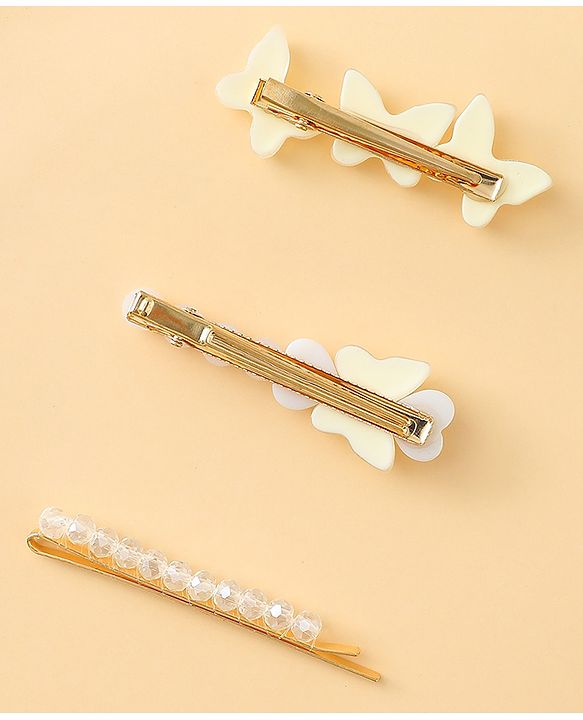 Pine Kids Free Size Hair Pins with  Pearl & Butterfly Applique Pack of 3  - White