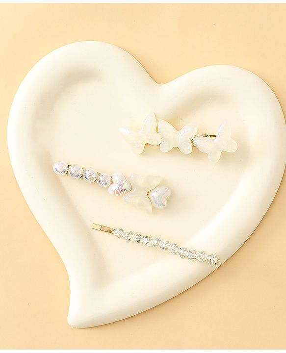 Pine Kids Free Size Hair Pins with  Pearl & Butterfly Applique Pack of 3  - White