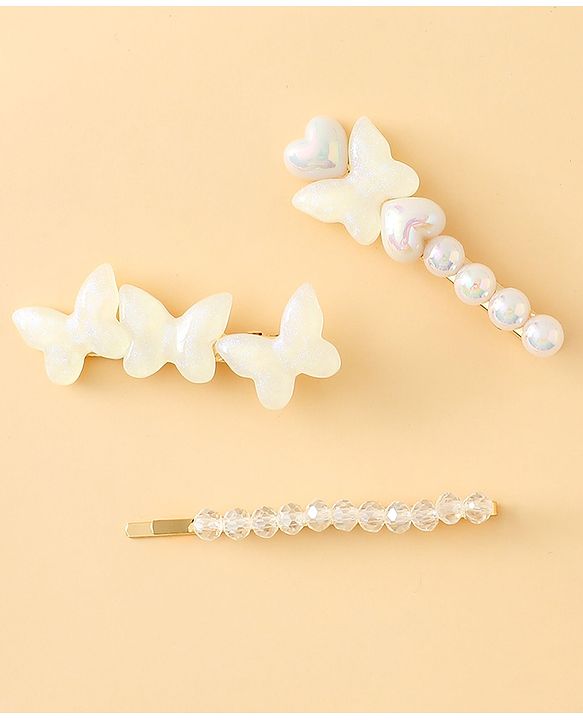 Pine Kids Free Size Hair Pins with  Pearl & Butterfly Applique Pack of 3  - White