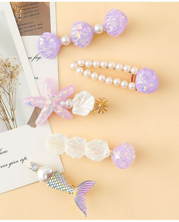 Pine Kids Hair Pins And Clips With Pearls & Sea Life Applique Pack of 5 - Purple