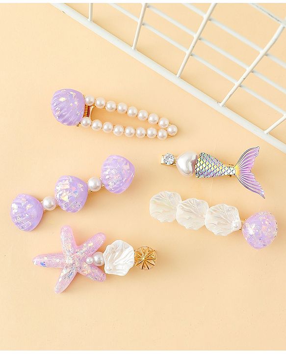 Pine Kids Hair Pins And Clips With Pearls & Sea Life Applique Pack of 5 - Purple