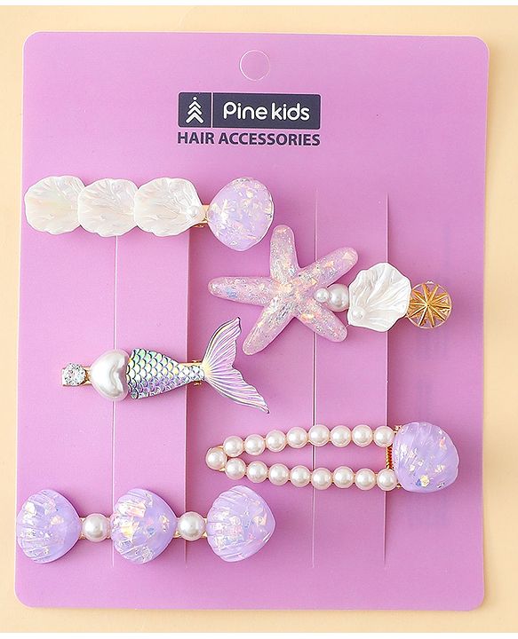 Pine Kids Hair Pins And Clips With Pearls & Sea Life Applique Pack of 5 - Purple
