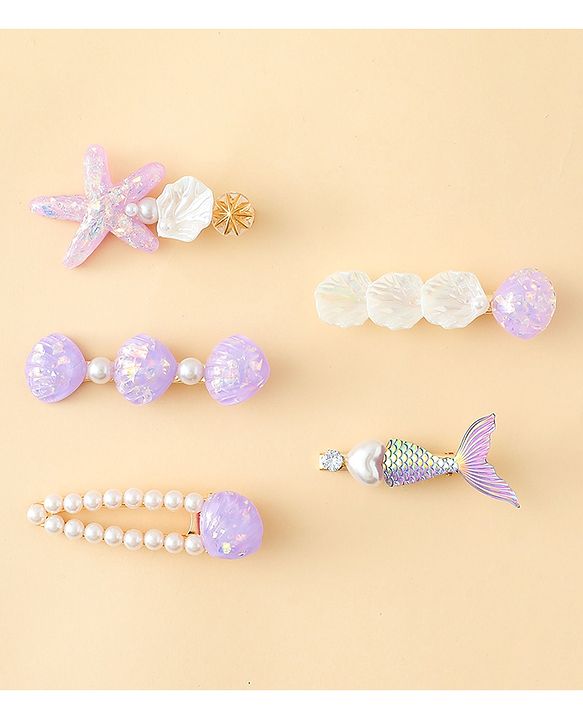 Pine Kids Hair Pins And Clips With Pearls & Sea Life Applique Pack of 5 - Purple