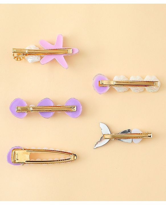 Pine Kids Hair Pins And Clips With Pearls & Sea Life Applique Pack of 5 - Purple