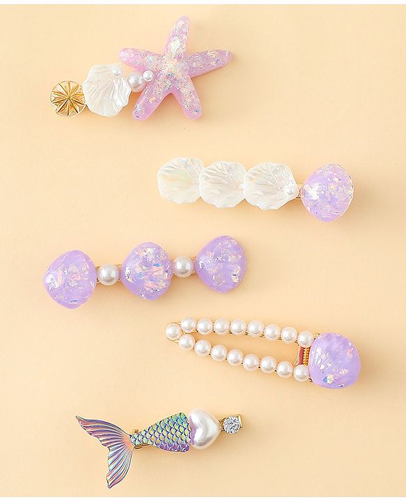 Pine Kids Hair Pins And Clips With Pearls & Sea Life Applique Pack of 5 - Purple
