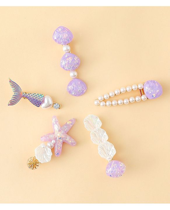 Pine Kids Hair Pins And Clips With Pearls & Sea Life Applique Pack of 5 - Purple