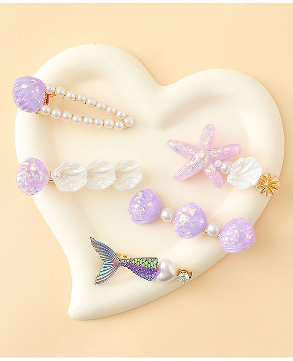 Pine Kids Hair Pins And Clips With Pearls & Sea Life Applique Pack of 5 - Purple