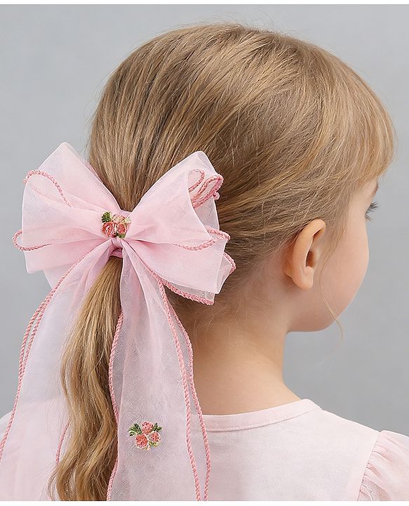 Babyhug Bow & Butterfly Clip with Floral Embroidery Free Size - Pink