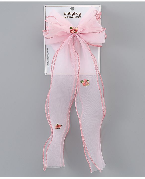Babyhug Bow & Butterfly Clip with Floral Embroidery Free Size - Pink