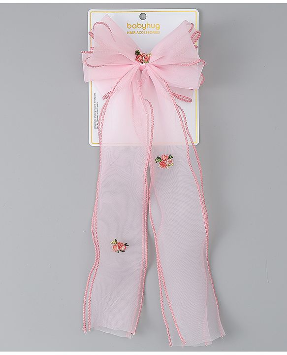 Babyhug Bow & Butterfly Clip with Floral Embroidery Free Size - Pink