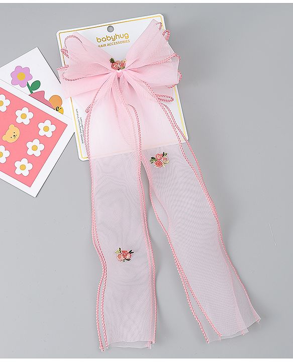 Babyhug Bow & Butterfly Clip with Floral Embroidery Free Size - Pink