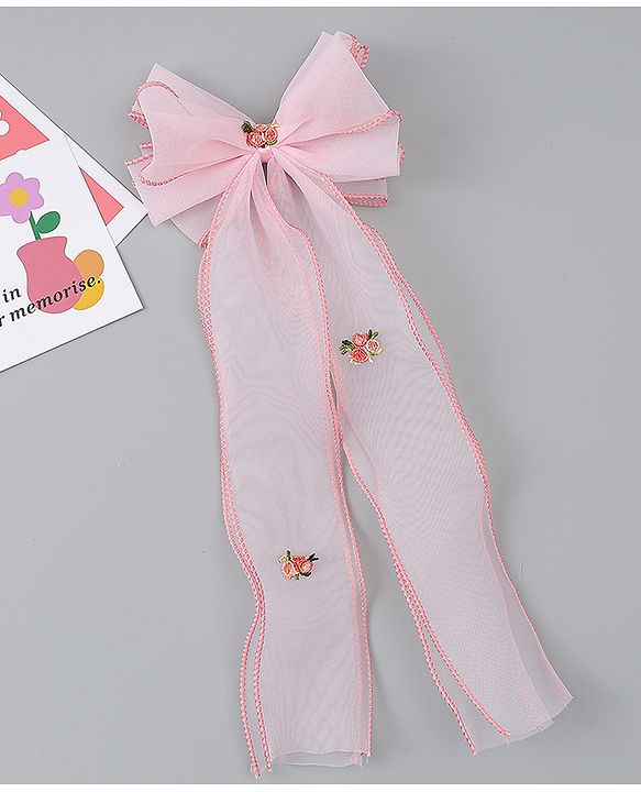 Babyhug Bow & Butterfly Clip with Floral Embroidery Free Size - Pink