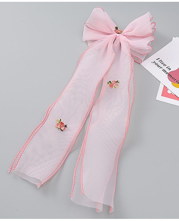 Babyhug Bow & Butterfly Clip with Floral Embroidery Free Size - Pink