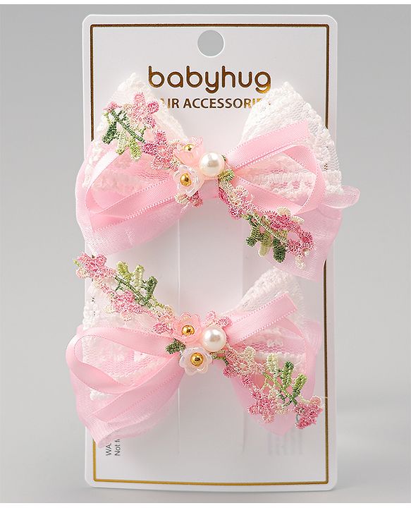 Babyhug Bow & Butterfly Clips With Pearls & Floral Applique Pack of 2 - Pink
