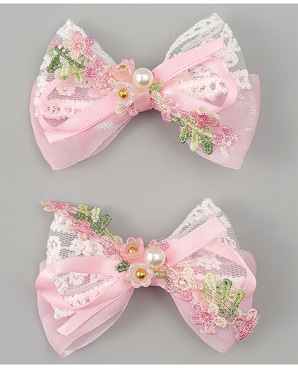 Babyhug Bow & Butterfly Clips With Pearls & Floral Applique Pack of 2 - Pink
