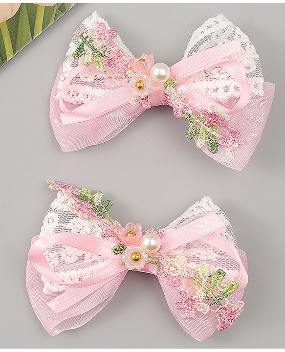 Babyhug Bow & Butterfly Clips With Pearls & Floral Applique Pack of 2 - Pink