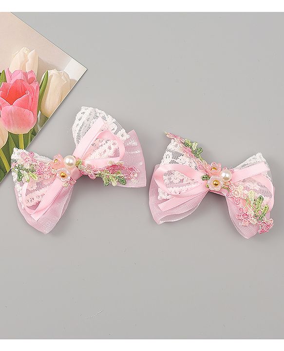 Babyhug Bow & Butterfly Clips With Pearls & Floral Applique Pack of 2 - Pink
