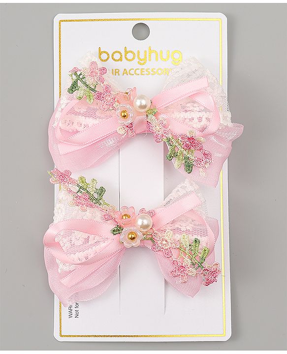 Babyhug Bow & Butterfly Clips With Pearls & Floral Applique Pack of 2 - Pink