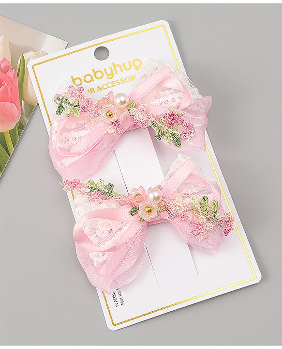 Babyhug Bow & Butterfly Clips With Pearls & Floral Applique Pack of 2 - Pink