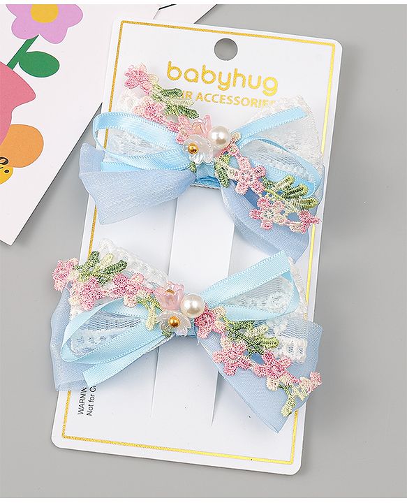 Babyhug Bow & Butterfly Clips With Pearls & Floral Applique Pack of 2 - Pink